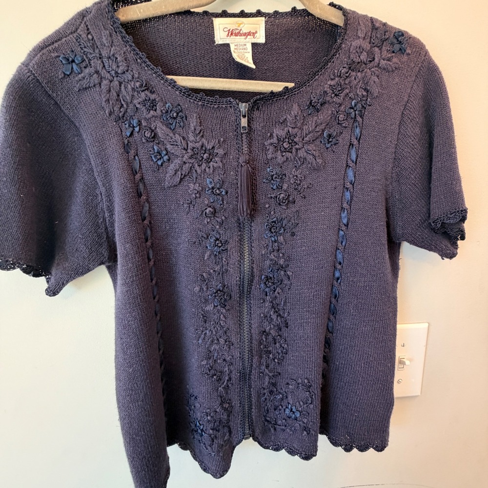 VTG Worthington Embroidered Zip Up Cardigan Women Medium Navy Floral Whimsigoth